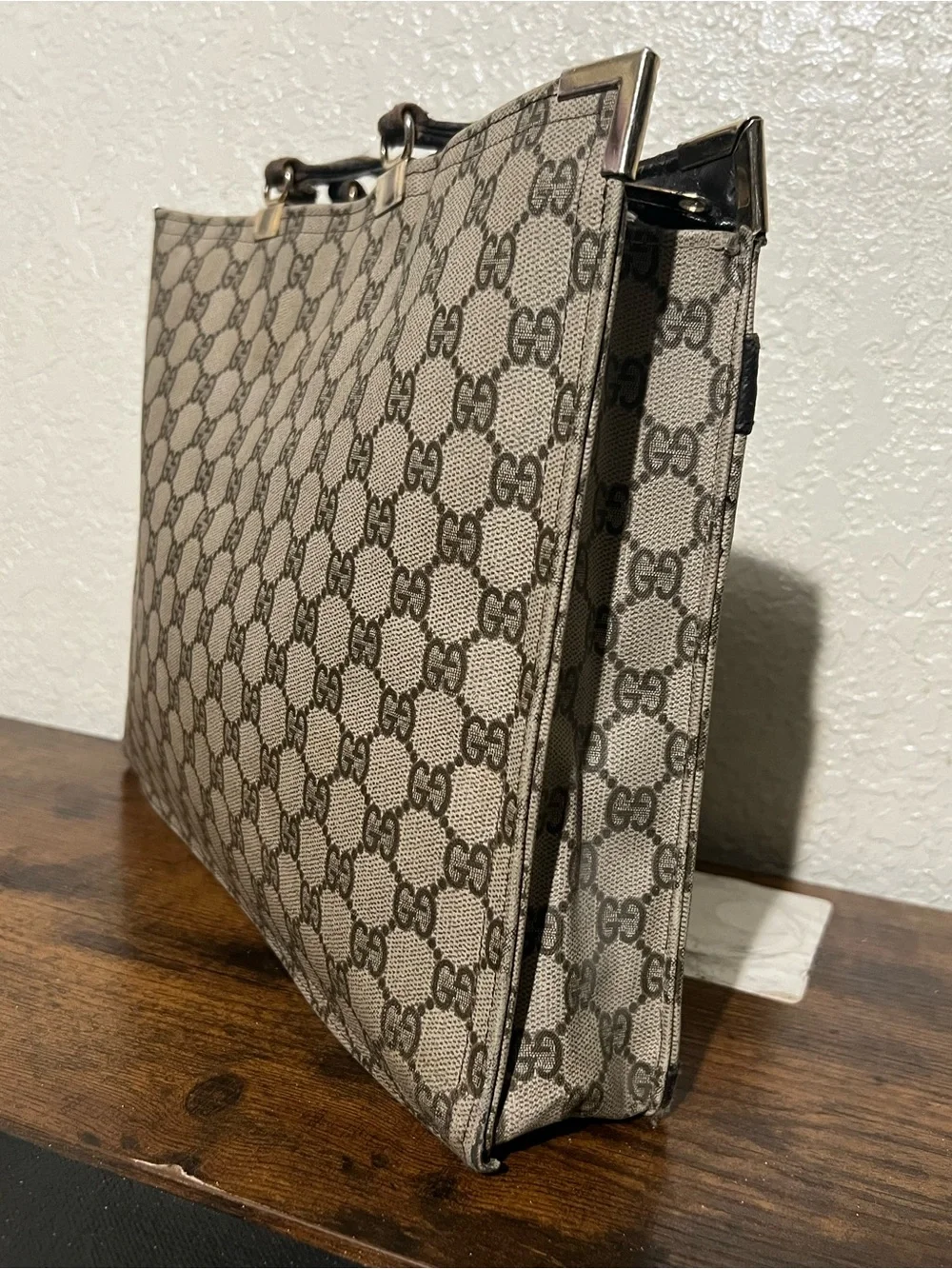 Gucci Beige Monogram Canvas Briefcase with Red & Green Web Stripe